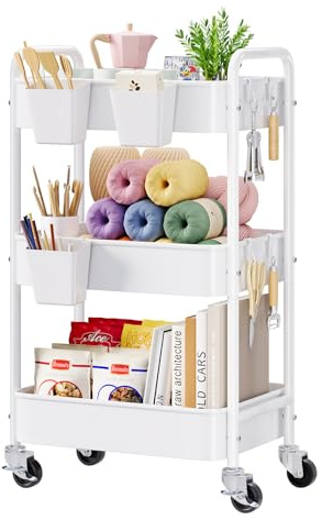 3 Tier Heavy Duty Metal Rolling Storage Cart Organizer with Wheels, White