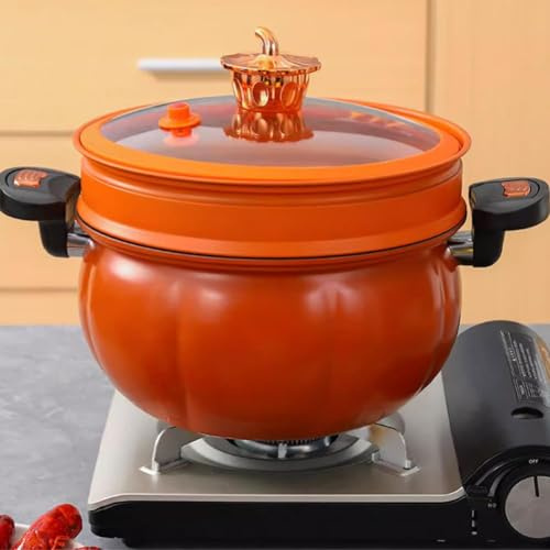 8L (2.1 Gal) Pumpkin Shaped Dutch Oven, Orange & Green Dutch Oven Pot with Lid, Cast Iron Micro-Pressure for Stovetop, Suitable for Stewing, Frying & Baking, Nonstick Ceramic Coating
