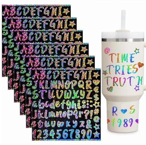 6 Pcs Vinyl Name Stickers,Waterproof Stanley Cup Letter Stickers | Glitter Personalized Name Self Adhesive Alphabet Decals for Tumblers,Water Bottles,Laptop,DIY Crafts Customized Gift Ideas