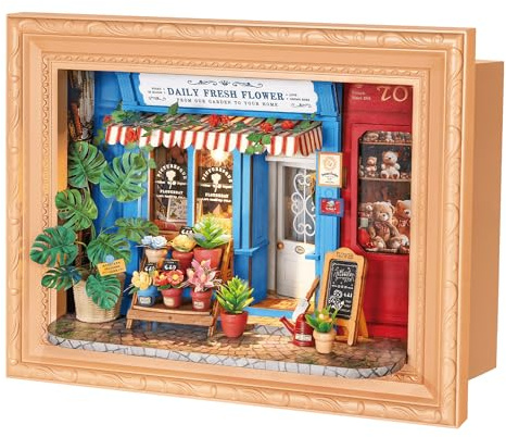 Rolife DIY Miniature House Flora Flower Studio, 183-Piece Wooden 3D Puzzle for Adults, Wall Mountable Snap-Fit Model Kit with Touch-Activated LED Lights, Ideal Framed Wall Art for Home Decor