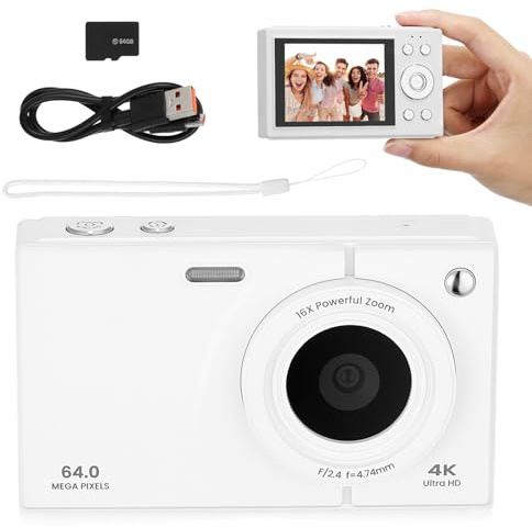 POPETPOP Fotocamera Digitale Retro Compatta con Zoom e Memoria Portatile e Facile da Usare per Principianti Adulti e Viaggi Design Vintage Bianco