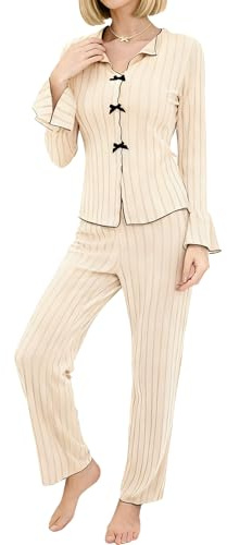 GOUKAWADA Women's Long Sleeve Pyjama Set, Soft Breathable V Neck Button Up Top with Adjustable Elastic Waist Pants for Sleep Daily Wear (UK, Alpha, S, Regular, Regular, Beige)