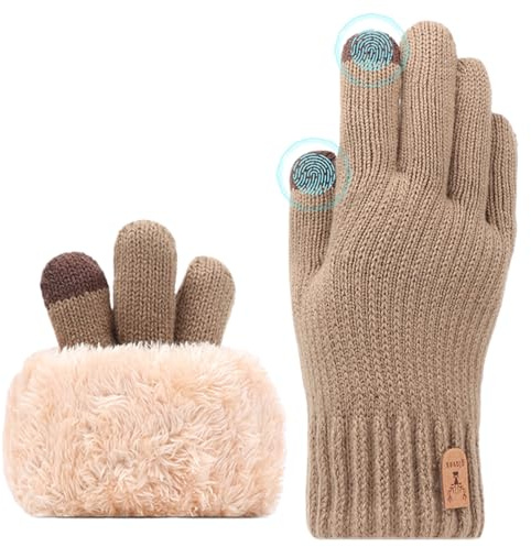 GWAWG Winter Knit Gloves, Warm Soft Pure Wool Thermal Gloves with Fleece Lining for Men Women Skiing Work Outside School