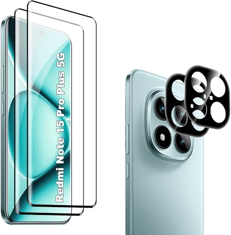 Heioloo 3D Cristal Templado para Xiaomi Redmi Note 15 Pro+ & 15 Pro Plus 5G Protector, [2+2] Piezas Vidrio templado con Protector de Lente de cámara,Sin Burbujas, Dureza 9H Vidrio Templado, Arañazos