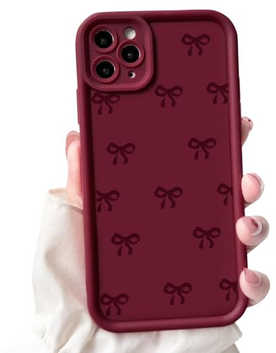 NITITOP Compatible with iPhone 11 Pro Max Case Cute Bow Ribbon Design Aesthetic for Women Girls Stylish Bowknot Pattern Full Camera Soft Shockproof More Protective Phone Cover - Wine Red