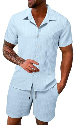 Genérico Conjunto de 2 Piezas Hombre Verano Playa Lino Camisa Manga Corta y Pantalones Cortos Casual Transpirable Fresco Suave Estilo Moda A4