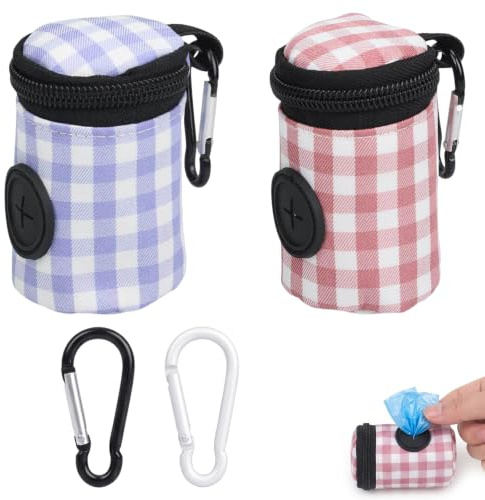2 Piezas Dispensador de Bolsas Caca Perro con Diseño de Cuadros, Porta Bolsas de Excrementos para Mascotas con 2 Llaveros Mosquetón, Accesorios para Pasear Perros y Senderismo, Rojo y Morado