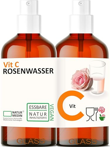 Vitamin C ROSENWASSER 200-ml ESSBAR 100% naturrein Rosa damascena Blüttenwasser mit Vitamin C ohne Zusatzstoffe Spray Glasflasche NATURMEDIN® (2 x 100-ml)