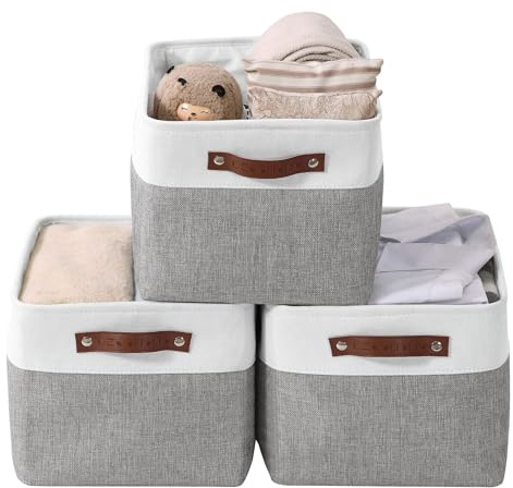 DECOMOMO Storage Baskets for Shelves - Fabric Storage Bins, Linen Closet Organizers and Storage (Grey & White, Large - 3 Pack)