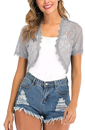 Enjoyoself Womens Shrugs Lightweight Lace Short Sleeve Open Front Bolero Cardigan Cover Up Crochet Short Coat Grey