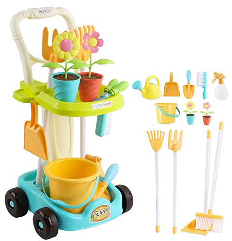 deAO Set di attrezzi da giardinaggio e carrello da gioco per bambini, 26 pezzi, con rastrello, vanga, annaffiatoio, secchio e accessori da giardino inclusi, divertente giocattolo educativo per bambini