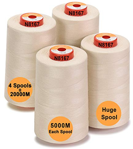 New brothread Sytråd i polyester med 28 alternativ, 4 stora konspolar på 5 000 m vardera, 40S/2 (Tex27) för sömnad, quiltning, bitning, serger och overlock - gräddfärgad