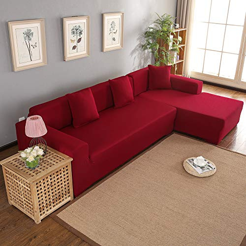 Wakects Ecksofaüberwurf mit Halbinsel links/rechts, Sofabezug mit elastischer Halbinsel 3 + 2 Sitzer, aus Polyester, schmutzabweisend, leicht zu reinigen, Schutzbezüge für Sofa (Rotwein)