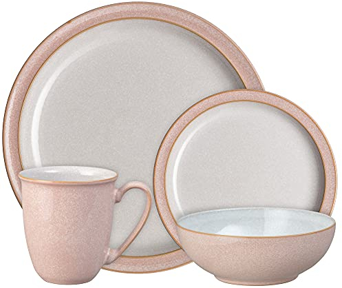 Denby - Elements Sorbet Pink Dinner Set For 1 - 4 Piece Ceramic Tableware - Dishwasher Microwave Safe Crockery Single Place Setting - 1 x Dinner Plate, 1 x Small Plate, 1 x Cereal Bowl, 1 x Coffee Mug