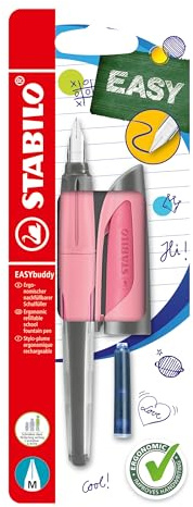 STABILO - Schulfüller mit Standard-Feder M - EASYbuddy Pastel | rosiges Rouge, löschbar blau, inkl. Patrone, Blister
