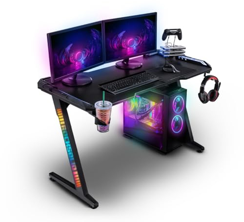 ELITE Gaming Tisch mit LED | RGB Beleuchtung mit Fernbedienung - Schreibtisch - Computertisch - Gamingtisch - Arbeitstisch - Headsethalterung - Kabelkanal - Getränkehalter (2.0 Infinity)