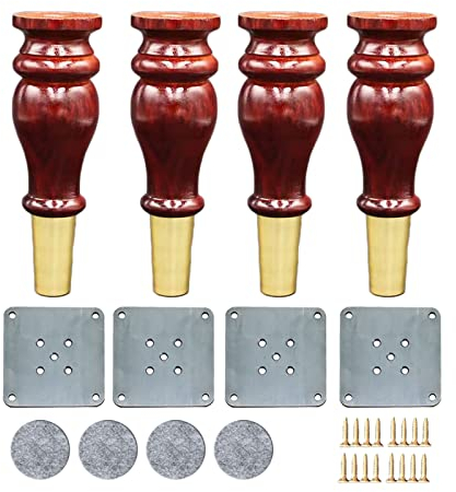 4 Stück Rund Massivholz Füße für Möbel Möbelfüße Holz Tischbeine mit Montageplatte Schraubens und Leise Pads für Sofa Schrankfüsse Bett Andere DIY Tischbeine Möbelbeine (20cm/7.8in,Mahogany color)