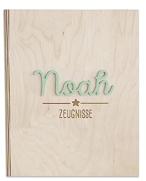 Personalisierte Zeugnismappe aus Birkenholz mit Acryl Namen - Individuelles Geschenk zur Einschulung - DIN A4 - Zeugnisringbuch Mädchen & Jungen - hellomini (Stern mint)
