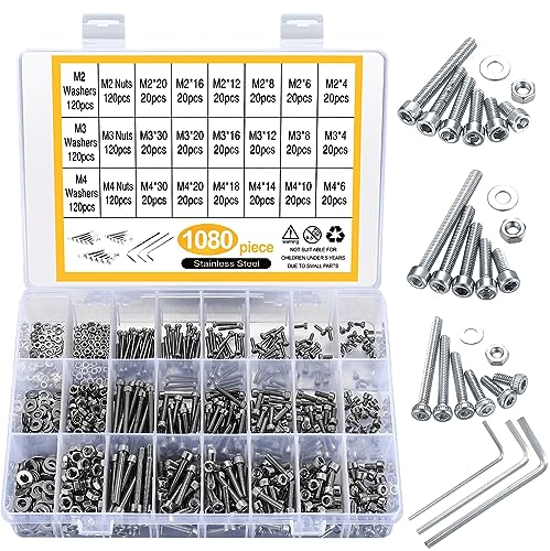 Hex Socket Head Cap Screws, 1080pcs M2 M3 M4 Stainless Steel Bolts and Nuts with Washers, Machine Thread Assortment Kit for DIY & Repair