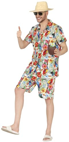 FIESTAS GUIRCA Beach Boy Malle Party Outfit – Hawaii Anzug inkl. Buntes Hawaiihemd u. Shorts – Ibiza Mallorca Tourist Herren Kostüm Karneval Fasching Größe M 48-50