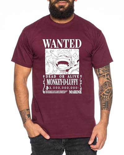 Wanted Luffy - T-Shirt Homme Chapeau de Paille Luffy Zoro One Monkey D. Pirate Ace Piece Goku Anime Ruffy, Taille:M, Couleur:Bourgogne