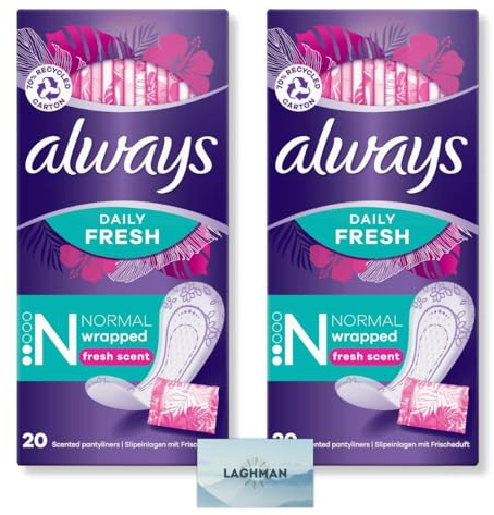 Laghmans Stay Fresh All Day Daily Fresh Singles Normal Wrapped Pantyliners Bundle - Scented, Comfort & Protection - 40 Wrapped Panty Liners Total (2 Packs x 20) - Always