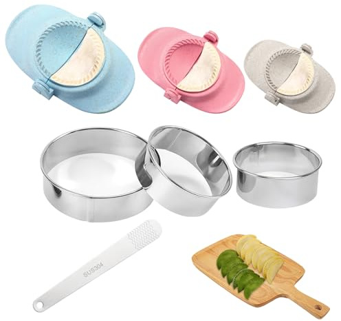 Rongxze 7 Pièces Ravioli Machine, 3 Tailles Moules à Raviolis avec Emporte Piece Ravioli Ronds, Moule à Boulettes en Plastique pour Nouille Raviolis Tartes Boulettes (Beige, Bleu, Rose)