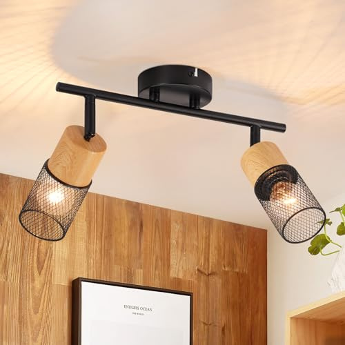 GBLY Deckenstrahler 2 Flammig Deckenleuchte Vintage Deckenlampe Schwarz | Holz Spots 350°Schwenkbar E14 Deckenspots Küchenlampe Retro Wandstrahler für Wohnzimmer Schlafzimmer Küche Ohne Leuchtmittel