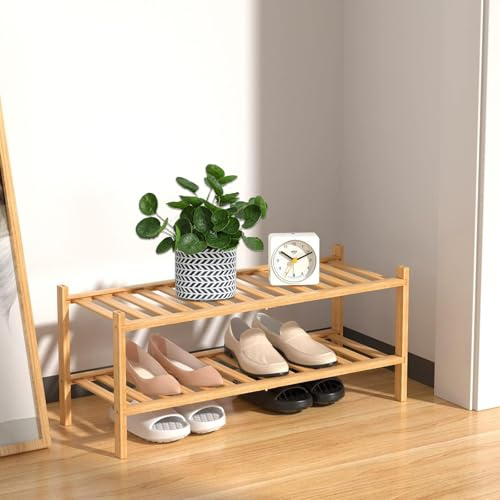 LOPYXBR Bamboo Shoe Rack 2 Tier Small Shoe Rack, 69x28x32CM Wooden Shoes Racks 2 Tier Multipurpose Shoes Stand with Screws and Wrench for Plants, Books, Living Room, Bathroom