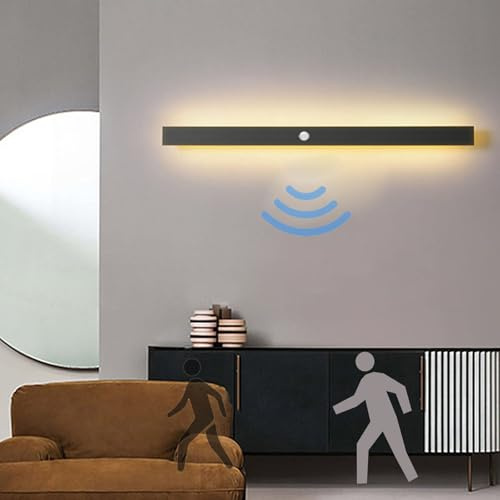 LED Wandleuchte Innen mit Bewegungsmelder Wandlampe Lange Schwarz Modern Wandbeleuchtung Aluminium Acryl Wandlicht Lichtleiste Deko für Balkon Badezimmer Schlafzimmer Wohnzimmer (Warmes Licht,100cm)