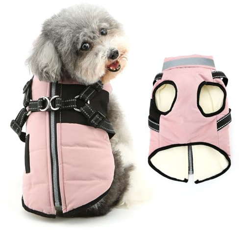 Ranphy Reflective Fleece Lined Jacket with Built-in Harness for Small Dog Padded Puppy Winter Coat Sleeveless Zipper Windproof Yorkie Chihuahua Warm Clothes Double Leash Ring Cat Clothing,Pink,XS