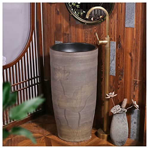 GLJTUO Pedestal Sink Handcrafted Ceramic wash Basin Pedestal washbasin, Kaolin Clay Pedestal Sink Round Freestanding Sink for Indoor and Outdoor (E With mirror)