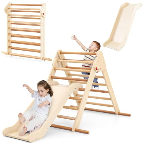 HOMASIS 3 in 1 Kletterdreieck mit Rutsche & Kletterleiter, klappbares Klettergerüst aus Massivholz, Baby Spielplatz Indoor für Kinder ab 1 Jahre, Kletterspielzeug zum Rutschen & Klettern (Natur)