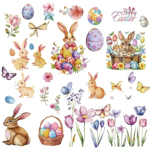 craspire 8 Blatt Kaninchen Fensteraufkleber Osterhase Eierkorb Blumen Wandaufkleber Zum Abziehen Und Aufkleben Wasserdicht Großer Aufkleber Für Zuhause Treppenhaus Restaurant Küche Schaufenster