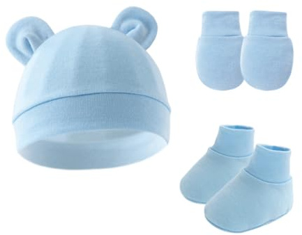 Hybursky Newborn Baby Beanie Hat and Gloves Socks 3 Pack 0-6 Months Blue