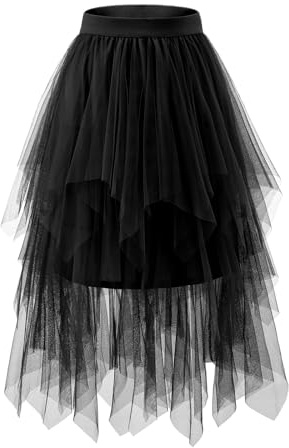 Bridesmay Tulle Skirts for Women Trendy Elastic Waist Asymmetrical Black Tutu Homecoming Halloween A-Line S