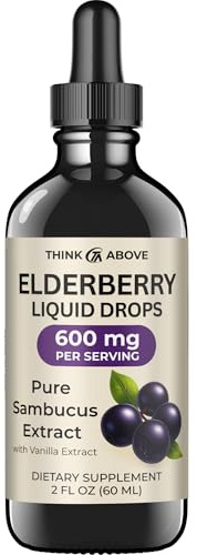Think Above Elderberry Liquid Drops, 600mg, 2 Fl Oz, Pure Sambucus Extract with Vanilla, Vegan Immune Support Supplement