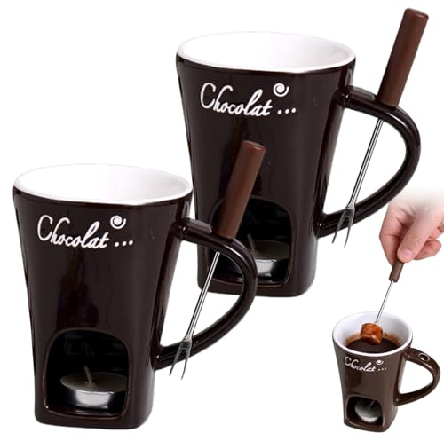 Hintyne 2-teilige Schokoladenfondue-Tasse mit Gabel Keramik-Schokoladenfondue-Becher mit Henkel Teelichthöhle und Loch Teelicht Nicht im Lieferumfang enthalten