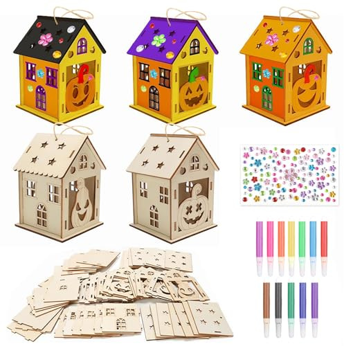 5 Stück Halloween Kürbis Haus Bastelset Kinder,Halloween Haus Basteln Deko,Kürbis Beleuchtung Kürbishaus Bastelset mit 12 Aquarell Flüssigstifte und Diamantaufkleber,für Halloween Party Geschenk