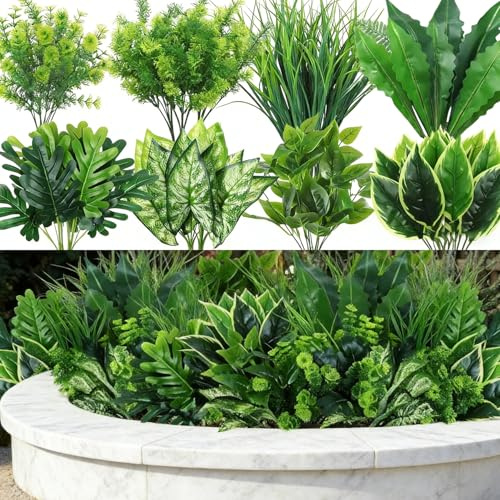 Punklong 18PCS Artificial Plants Outdoor UV Resistant Fake Plants Greenery Artificial Fern Decorative for Outdoor Plastic Plant Arrangement for Garden Front Porch Window Box Planter Hanging Basket
