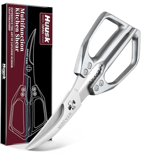 Huusk Seafood Scissors Silver - Stainless Steel Kitchen Shears Dishwasher Safe, Sharp Japanese-Style Kitchen Scissor for Crab, Shrimp, Lobster, Herbs and Food Prep, Christmas Gifts for Men Women