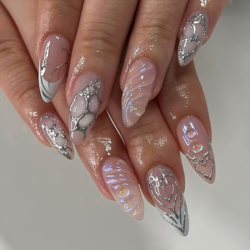 3D Handgemachte Künstliche Fingernägel - 24 Pcs Französisch Press on Nails Almond - 3D Wasserwellen French Falsche Nägel mit Silber Design - Full Cover Kunstnägel Zum Aufkleben für Frauen Mädchen