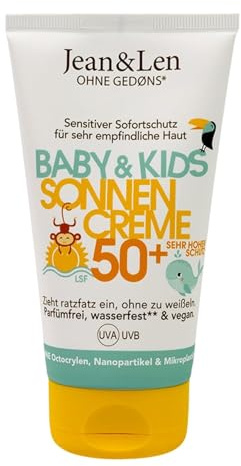 Jean & Len Solkräm Barn SPF 50+, doftfri, vattenresistent, för känslig hud från 6 månader, utan mikroplaster, oktokrylen eller doftämnen, vegansk, 100 ml