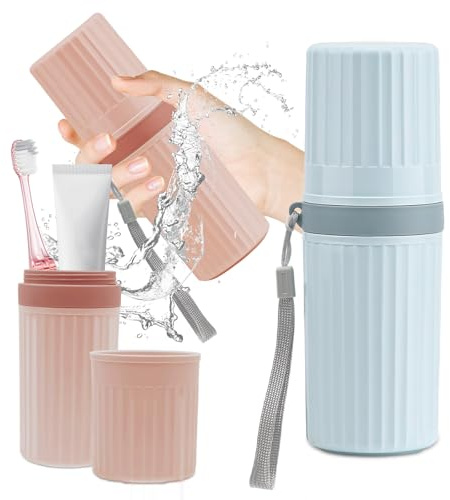 Rwbimti Set di 2 spazzolini da denti, custodia impermeabile da viaggio, set di bicchieri d'acqua da viaggio, in plastica portatile, per campeggio, viaggi d'affari, uso quotidiano, rosa + blu, Da
