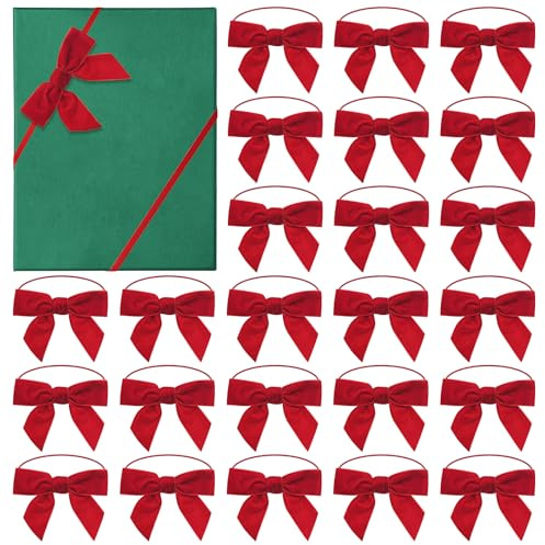 12/24 Pcs Christmas Bows Stretch Loops with Pre Tied Velvet Mini Bows for Gift Wrapping, Elastic Gift Bows for Small Christmas Boxes, Party Favors & Xmas Tree Decor (24)