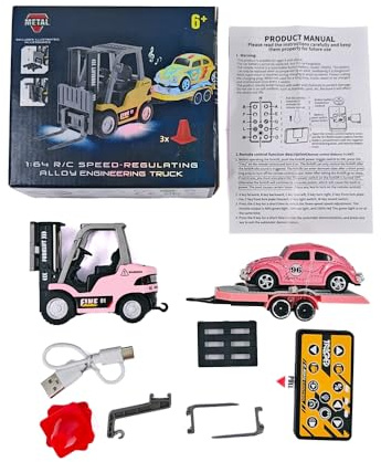 SpedUpX 1:64 Ferngesteuerter Gabelstapler/Kranschalter + Anhänger + Straßensperrenkarte - 2.4G RC Auto mit dreistufiger Ton- und Lichteinstellung(Rosa)