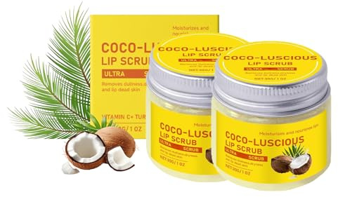 Coconut Lip Scrub Peeling mit Zucker und Shea Butter, veganer Lippen Exfoliator für trockene und rissige Lippen, spendet intensive Feuchtigkeit für weiche und geschmeidige Lippen (2pc, 30g)