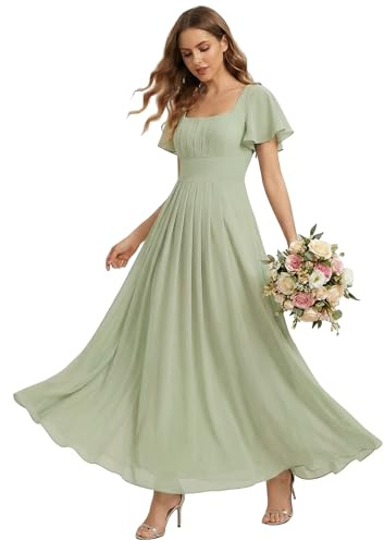 Ever-Pretty Abiti da Damigella Collo Quadrato Maniche Corte Chiffon Maxi Gonna Svasata Menta Verde 50