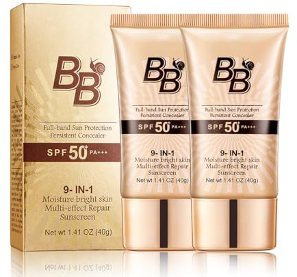BB Cream SPF 50 face moisturiser – Snail Tinted Moisturiser with High Coverage, Hydrating Face Sun Cream for Women, Anti-Aging & Colour Correcting, Foundation for Mature skin 40g (2 PCS)