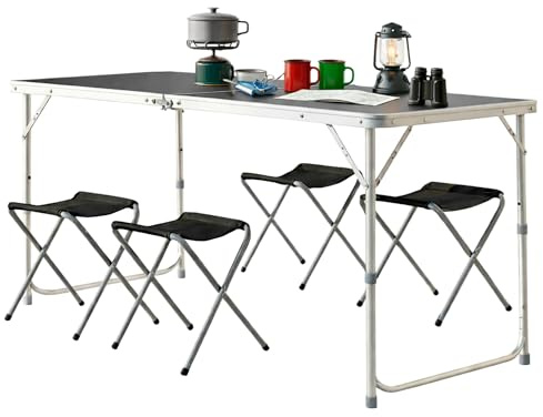 TIENDA EURASIA – Mesa Plegable Camping | Mesa y 4 Sillas de Jardín | Estructura de Aluminio | Portátil y Ligera | Ajuste a Varias Alturas | Medidas 120x60x55/70 cm | Ideal para Jardín o Terraza